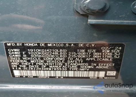 2024 Honda Hr-V Lx из США, поврежденный, VIN 3CZRZ2H30RM765530